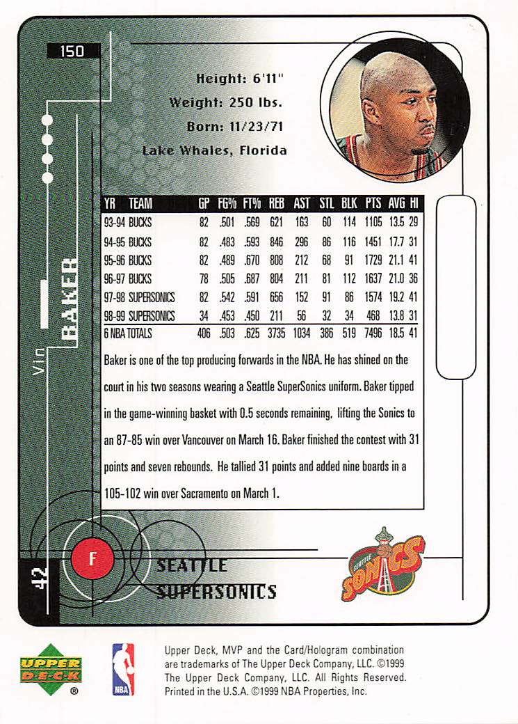1999-00 Upper Deck MVP Basketball Vin Baker #150