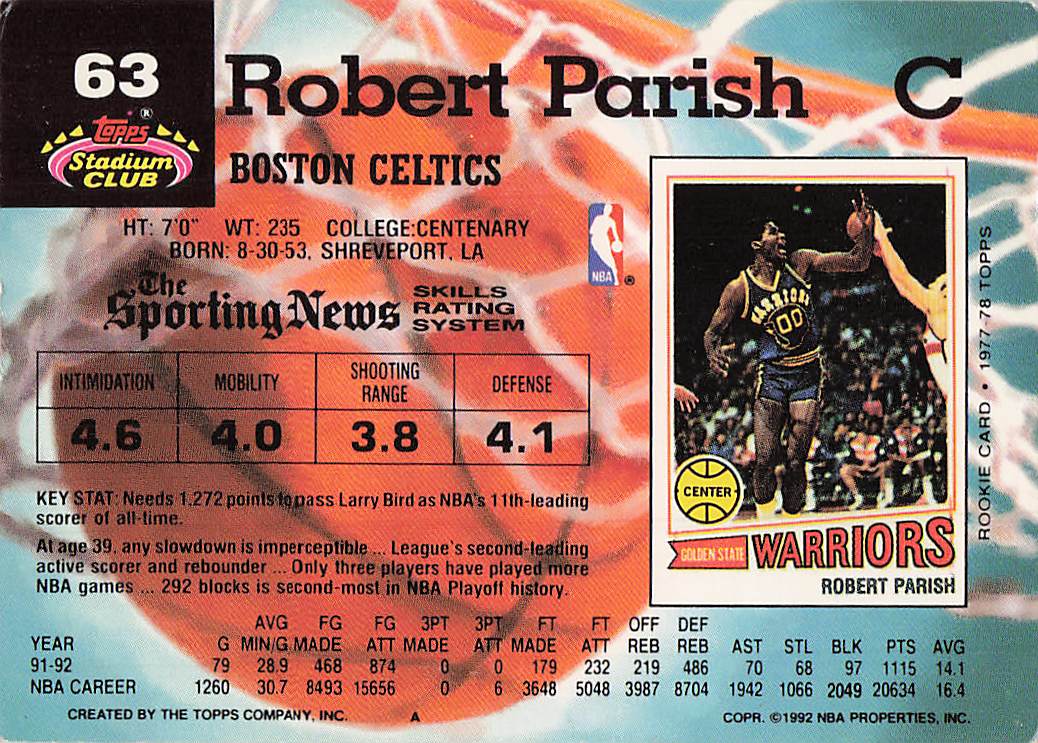 1992-93 Stadium Club Basketball Robert Parish #63