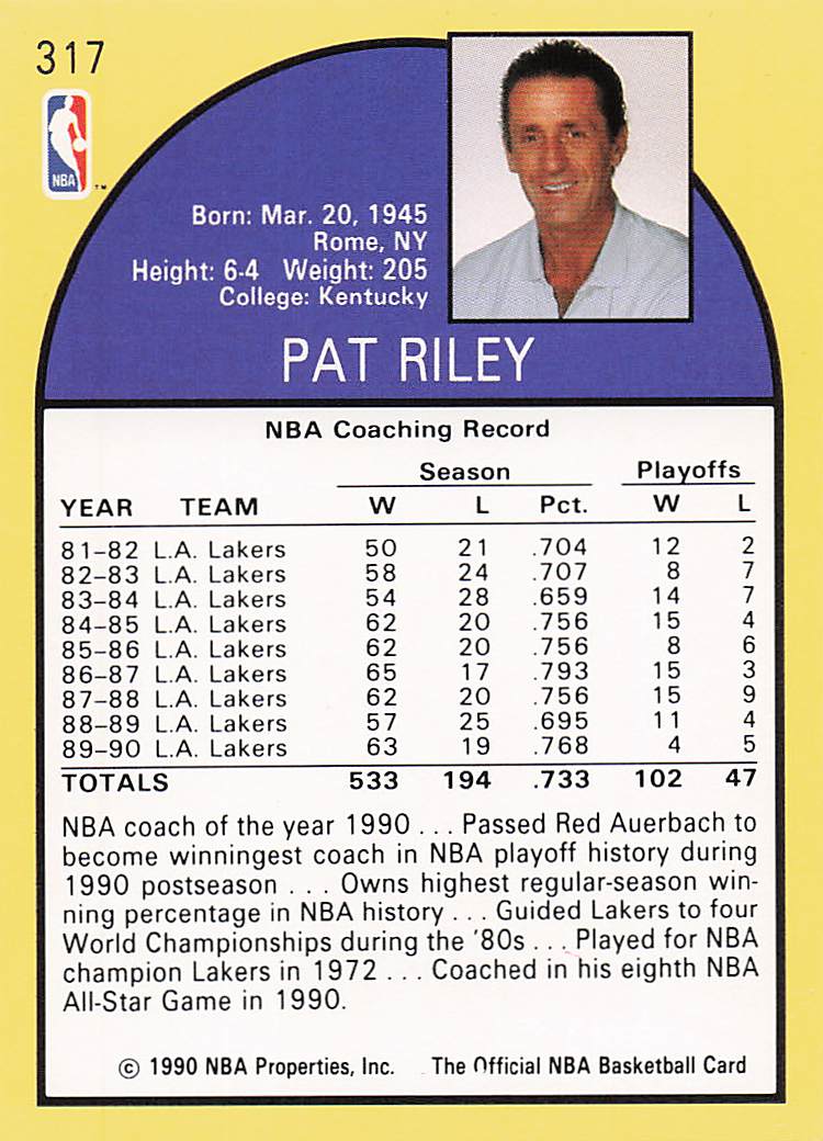 1990-91 Hoops Basketball Pat Riley #317