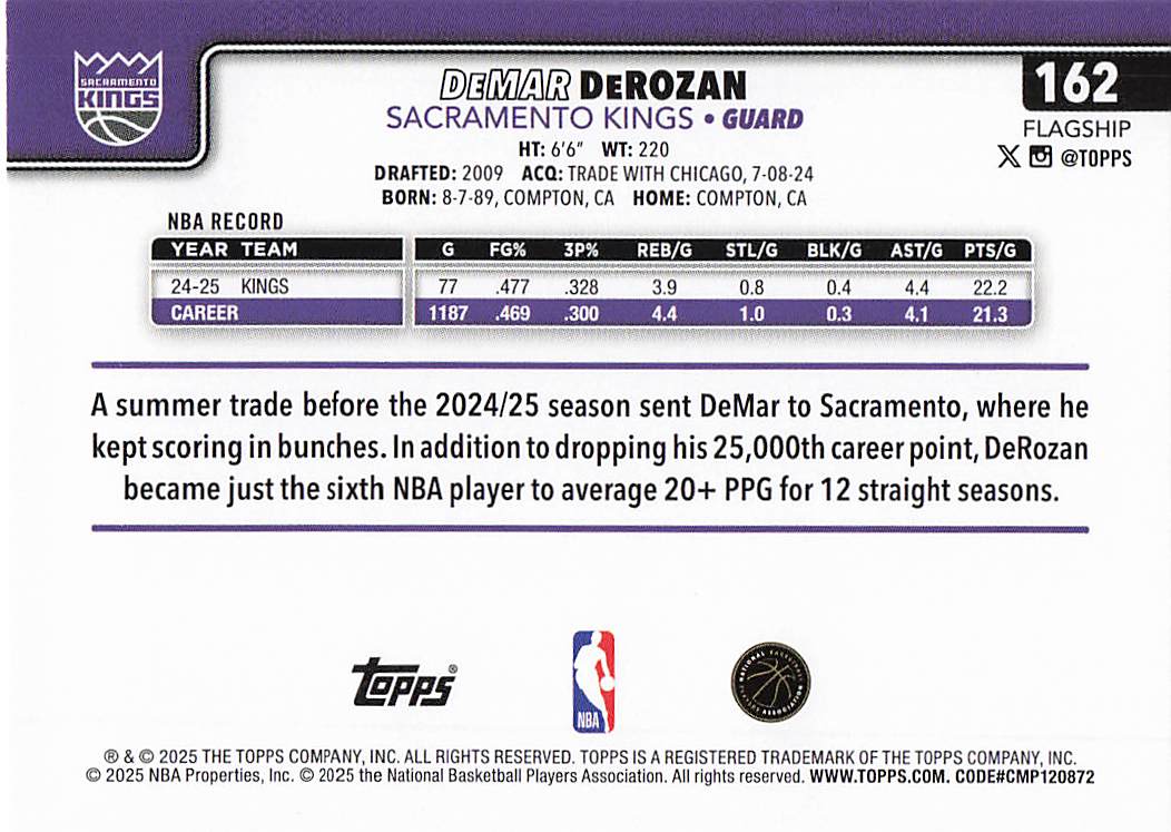 2025-26 Topps Basketball DeMar DeRozan #162