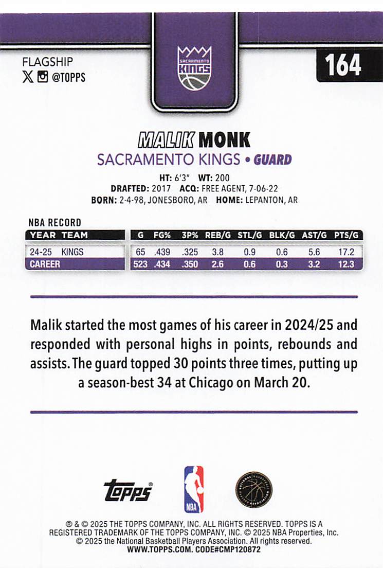 2025-26 Topps Basketball Malik Monk #164
