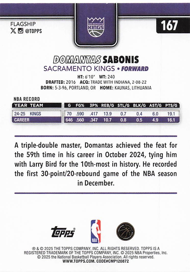 2025-26 Topps Basketball Rainbow Foilboard Domantas Sabonis #167