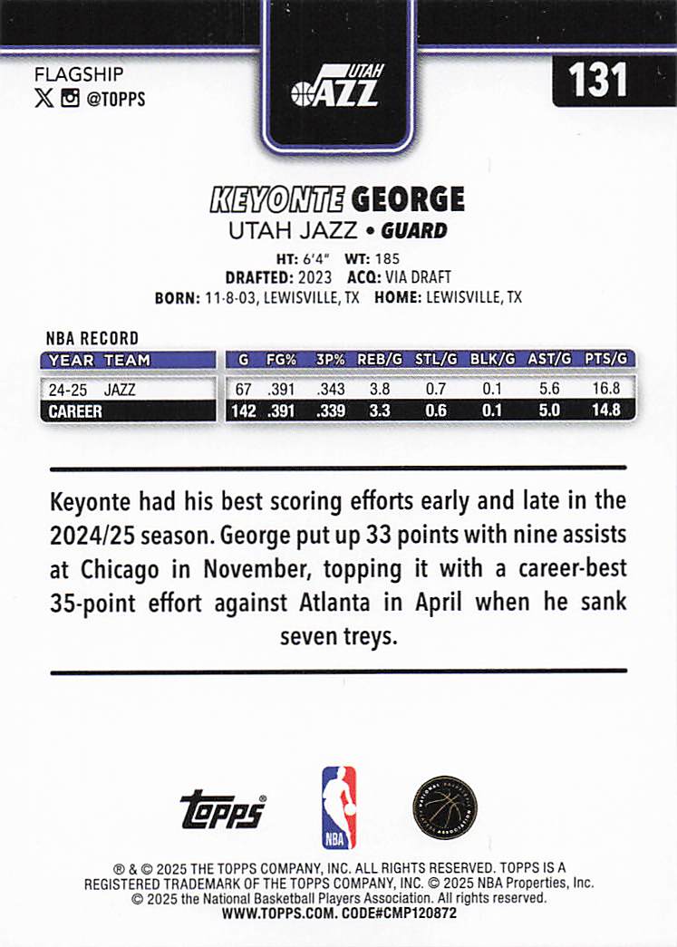2025-26 Topps Basketball Purple Holo Foil 214/250 Keyonte George #131