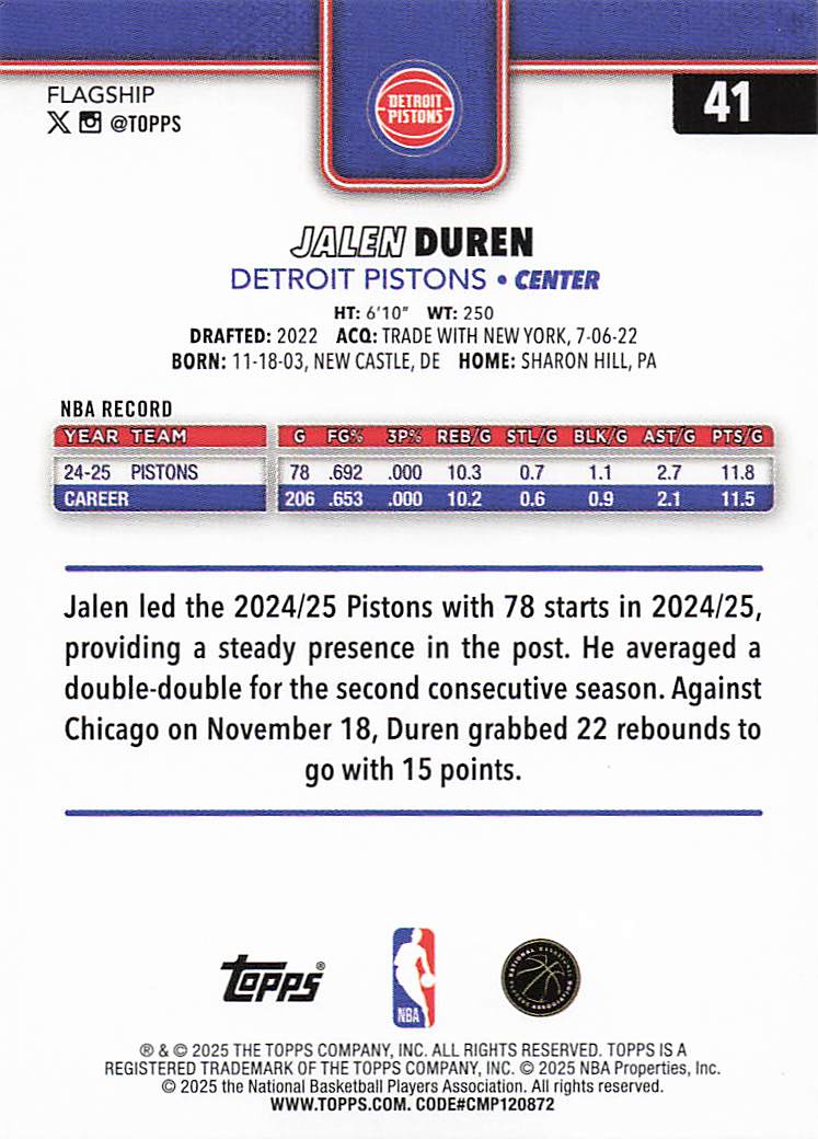 2025-26 Topps Basketball Sandglitter Jalen Duren #41