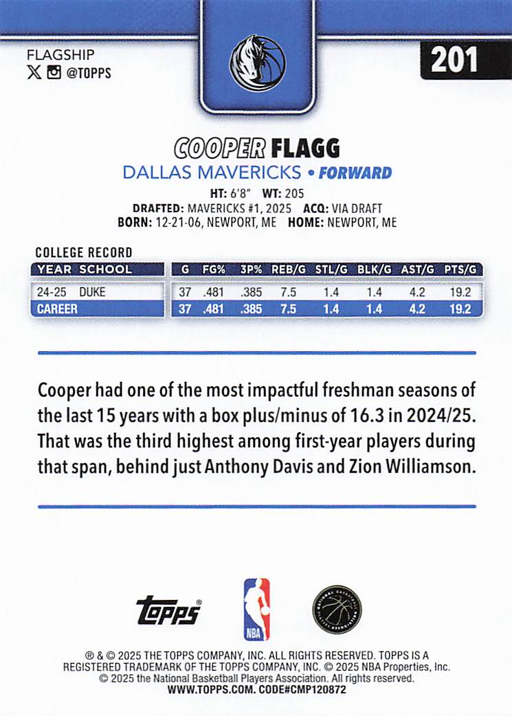 2025-26 Topps Basketball Cooper Flagg #201 Rookie