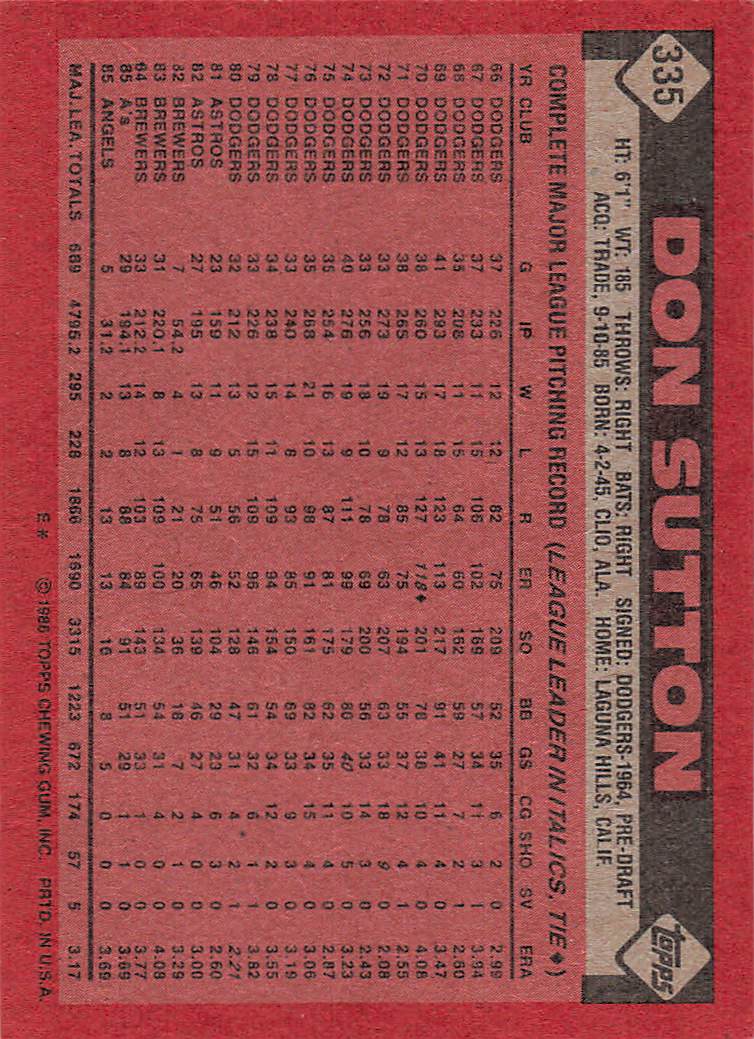 1986 Topps Baseball Don Sutton #335