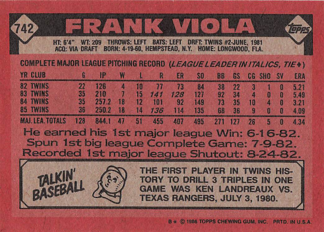 1986 Topps Baseball Frank Viola #742