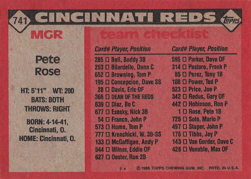 1986 Topps Baseball Pete Rose #741