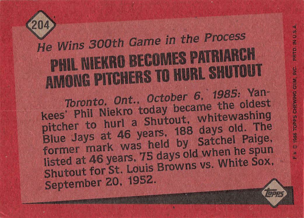 1986 Topps Baseball Phil Niekro #204