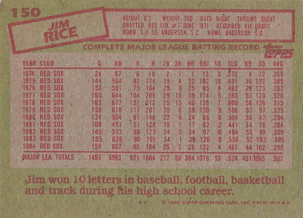 1985 Topps Baseball Jim Rice #150