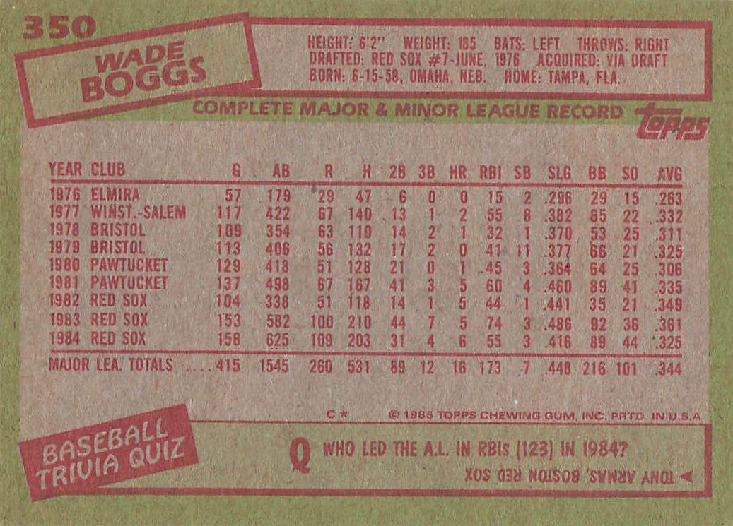 1985 Topps Baseball Wade Boggs #350