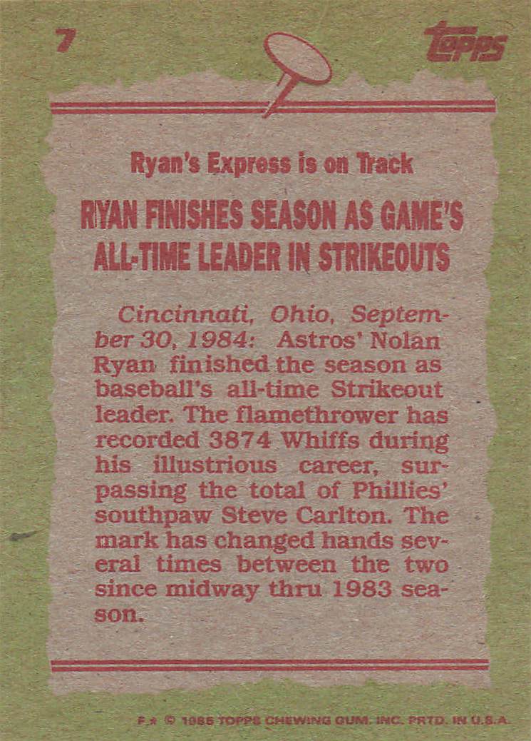 1985 Topps Baseball Nolan Ryan #7
