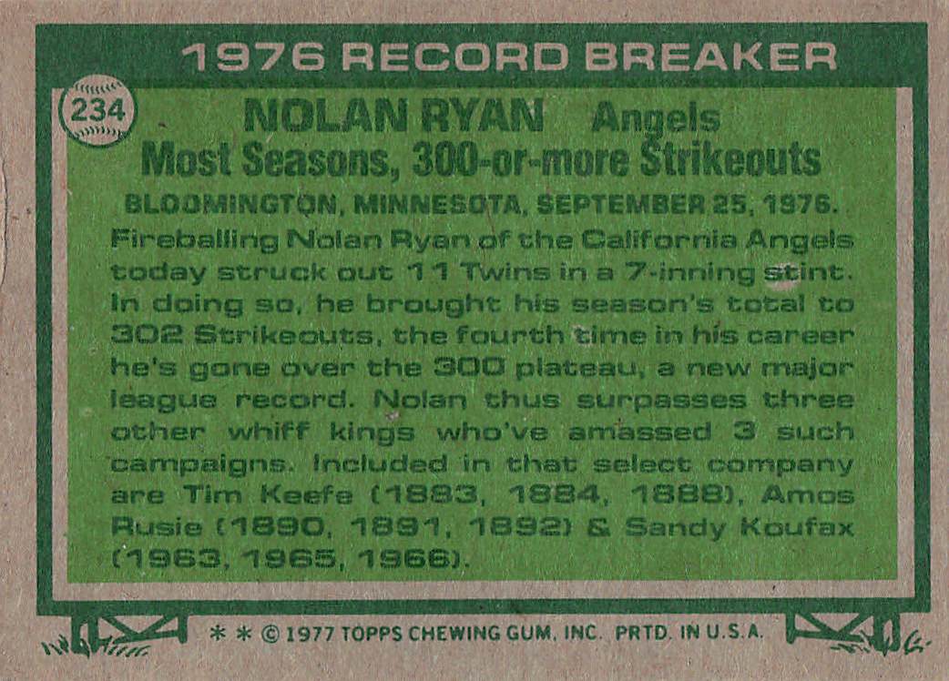 1977 Topps Baseball Nolan Ryan #234