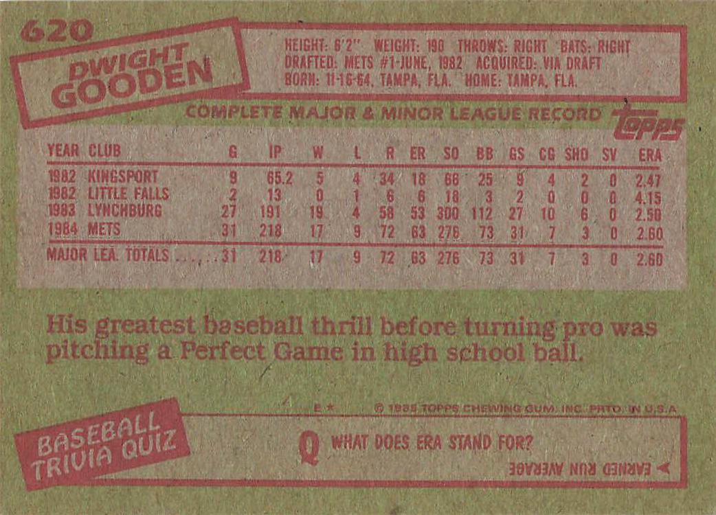 1985 Topps Baseball Dwight Gooden #620 Rookie