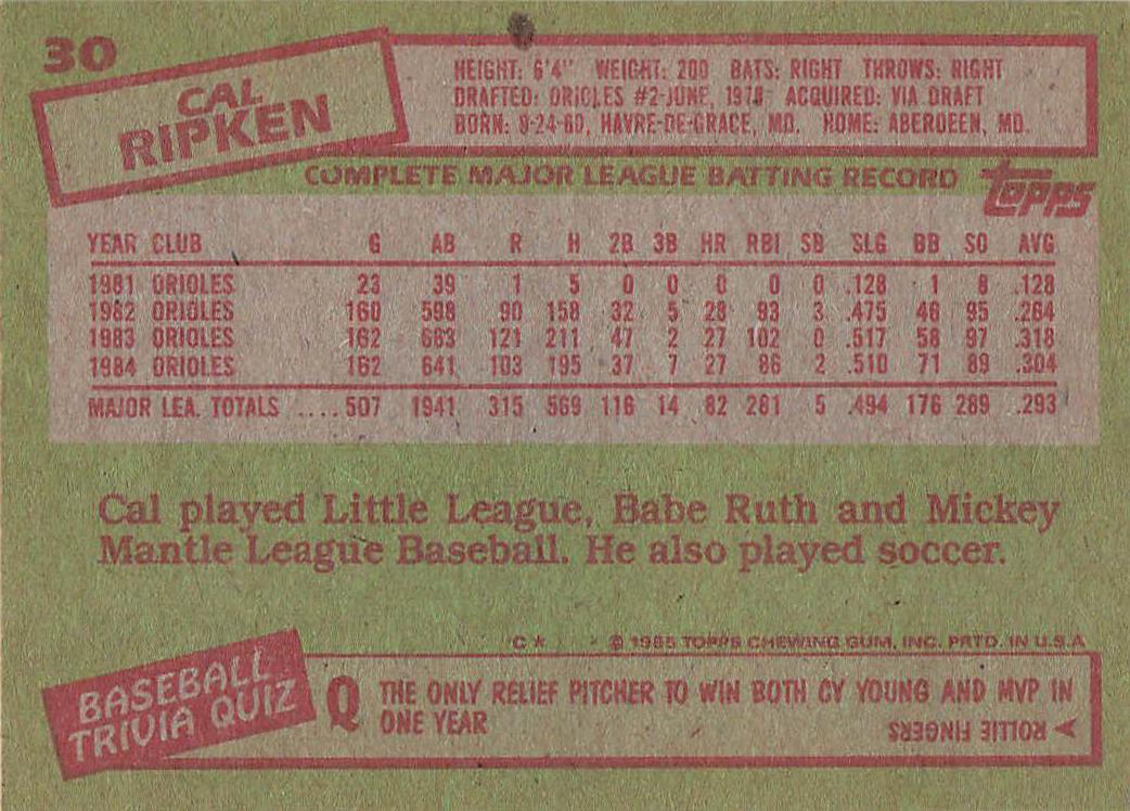 1985 Topps Baseball Cal Ripken #30