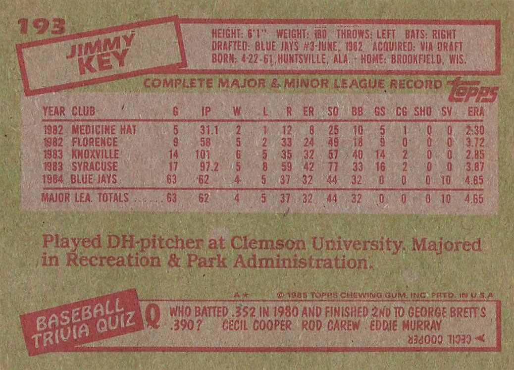 1985 Topps Baseball Jimmy Key #193 Rookie