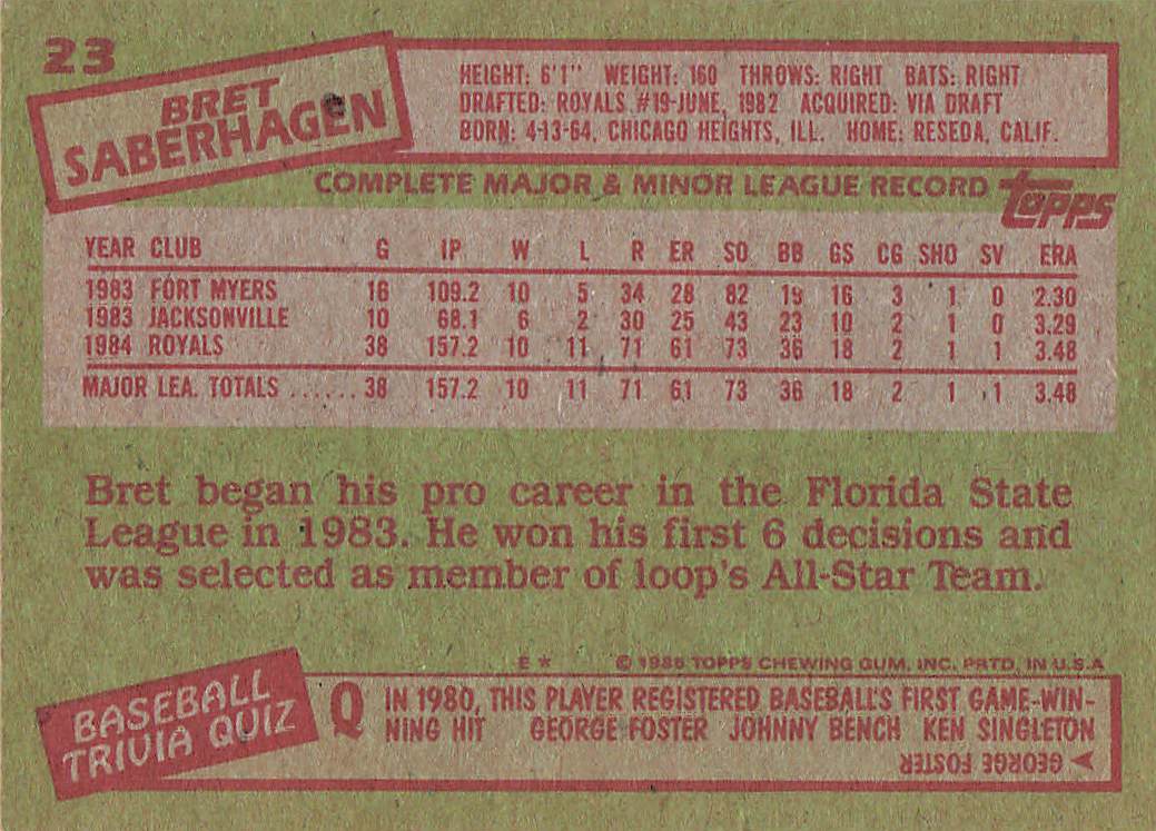 1985 Topps Baseball Bret Saberhagen #23 Rookie