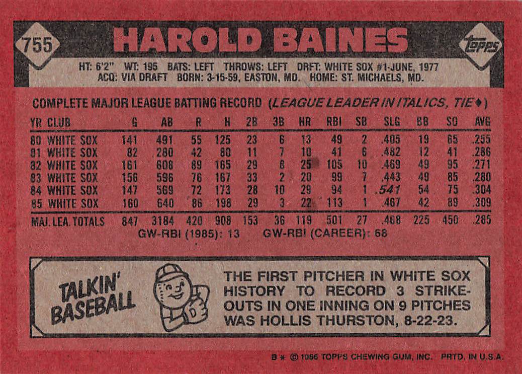 1986 Topps Baseball Harold Baines #755
