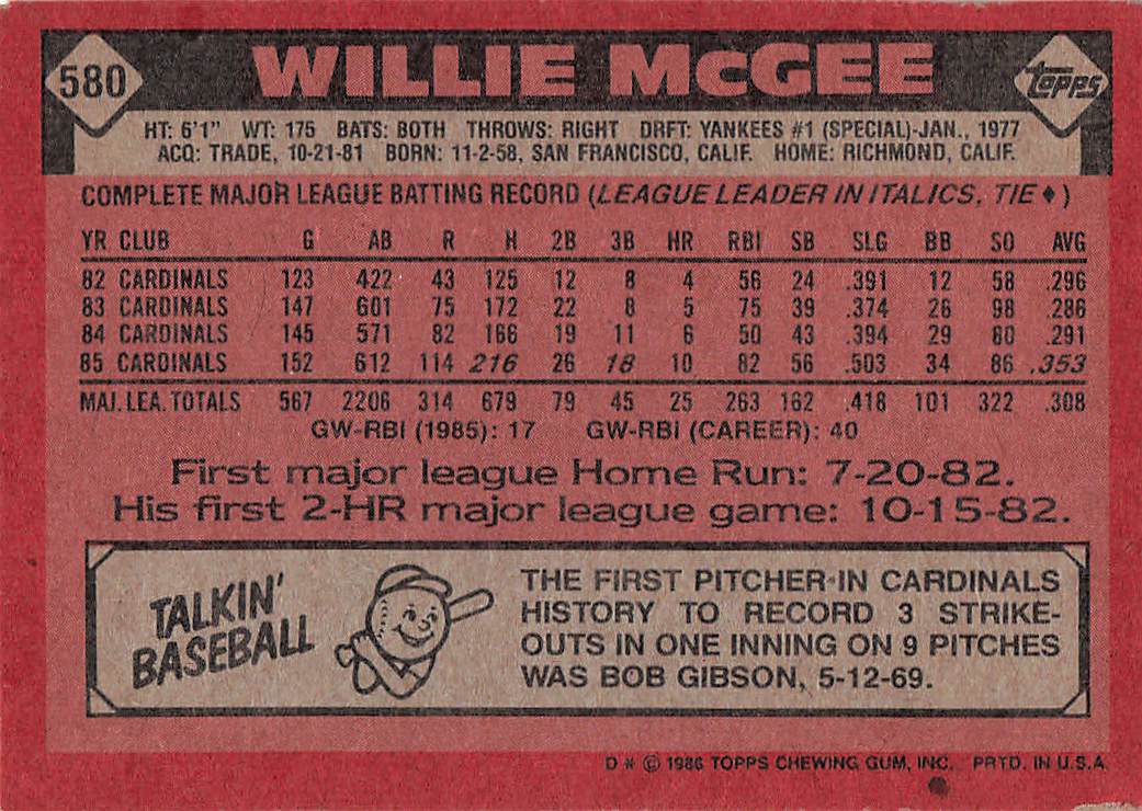 1986 Topps Baseball Willie McGee #580