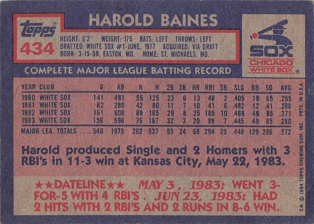 1984 Topps Baseball Harold Baines #434