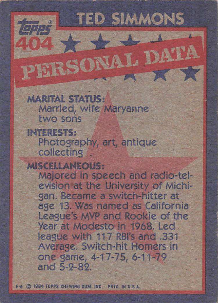 1984 Topps Baseball Ted Simmons #404