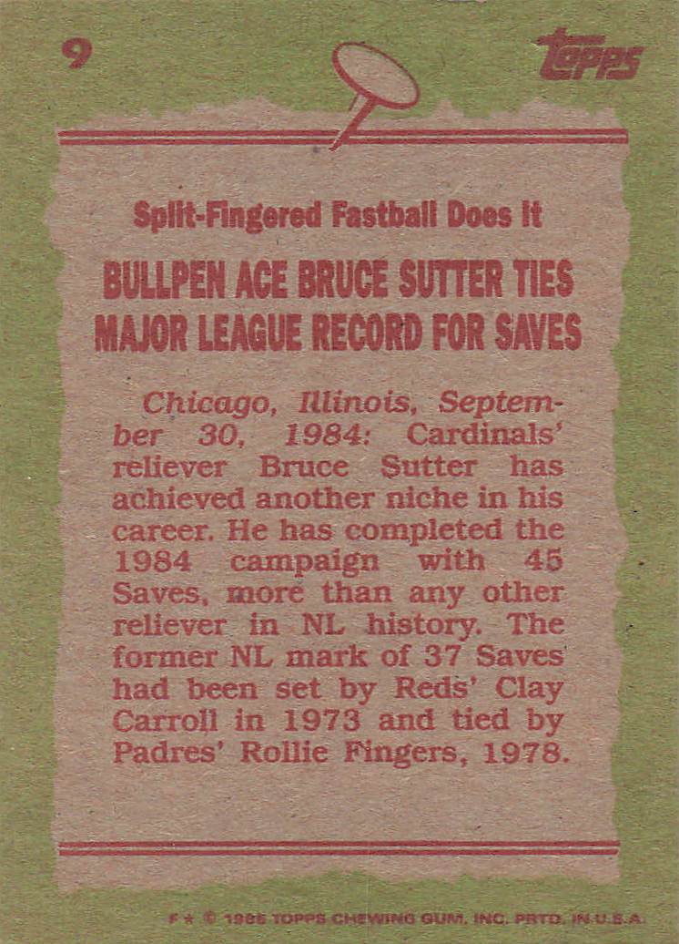 1985 Topps Baseball Bruce Sutter #9