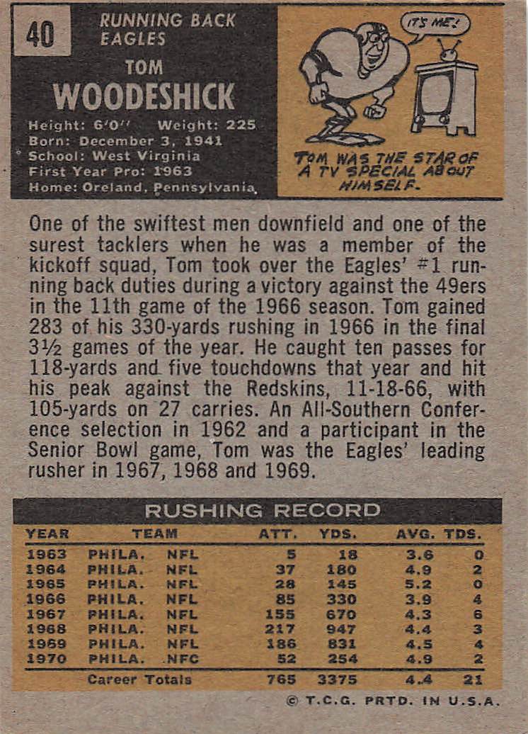 1971 Topps Football Tom Woodeshick #40