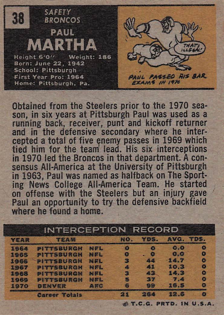 1971 Topps Football Paul Martha #38