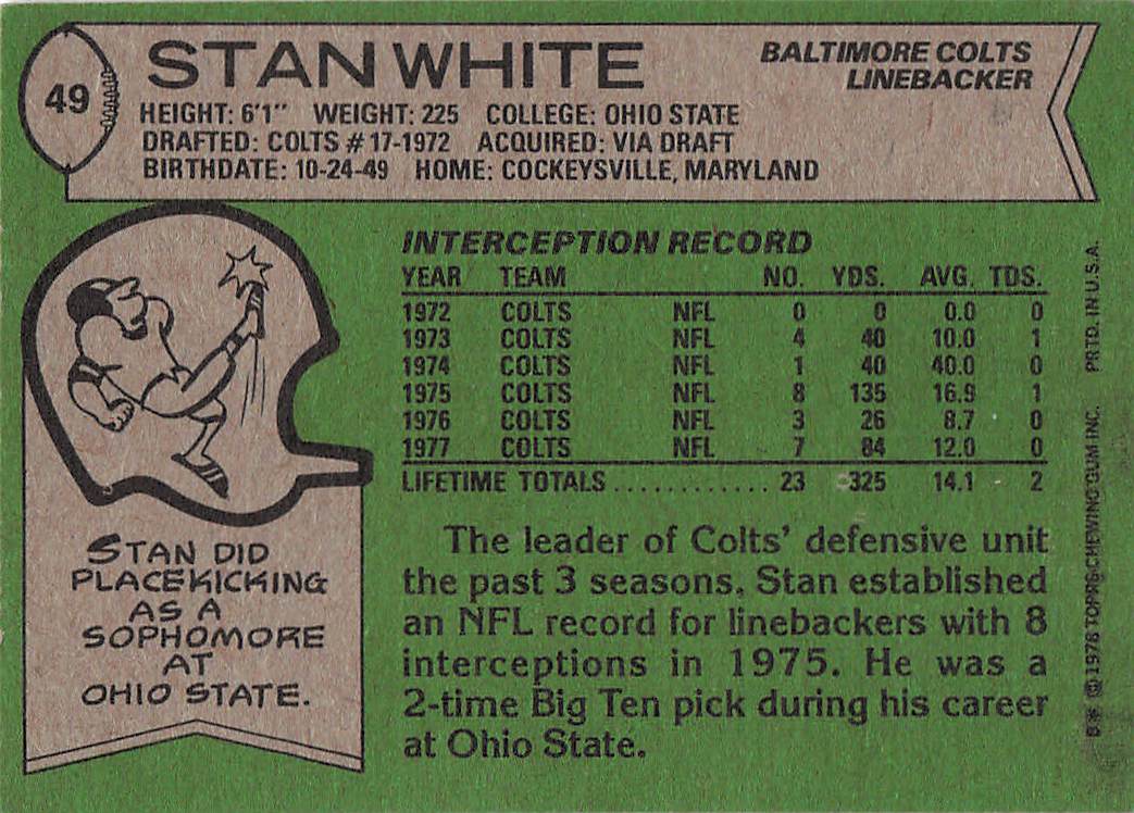 1978 Topps Football Stan White #49