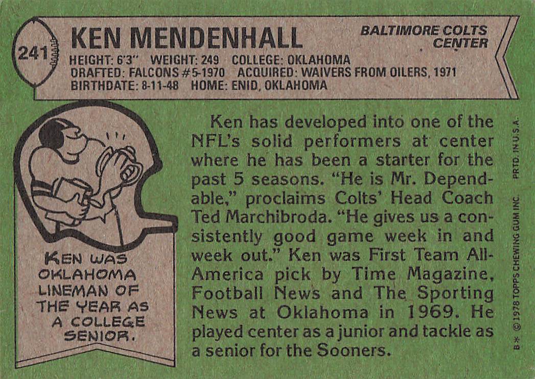 1978 Topps Football Ken Mendenhall #241