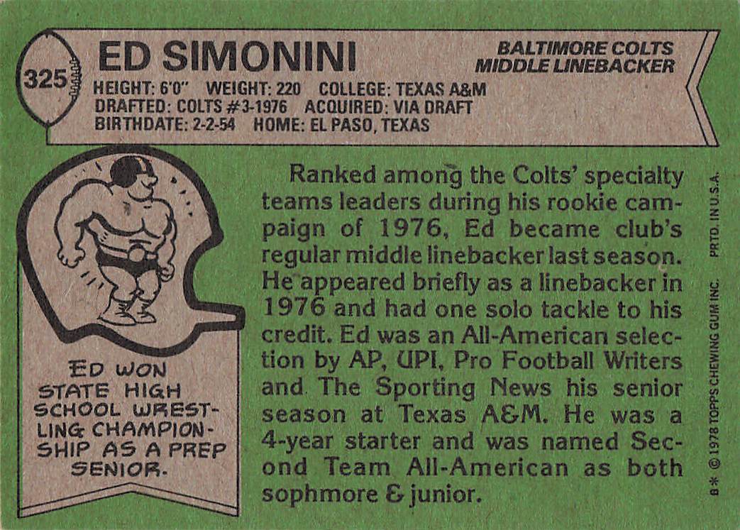 1978 Topps Football Ed Simonini #325 Rookie