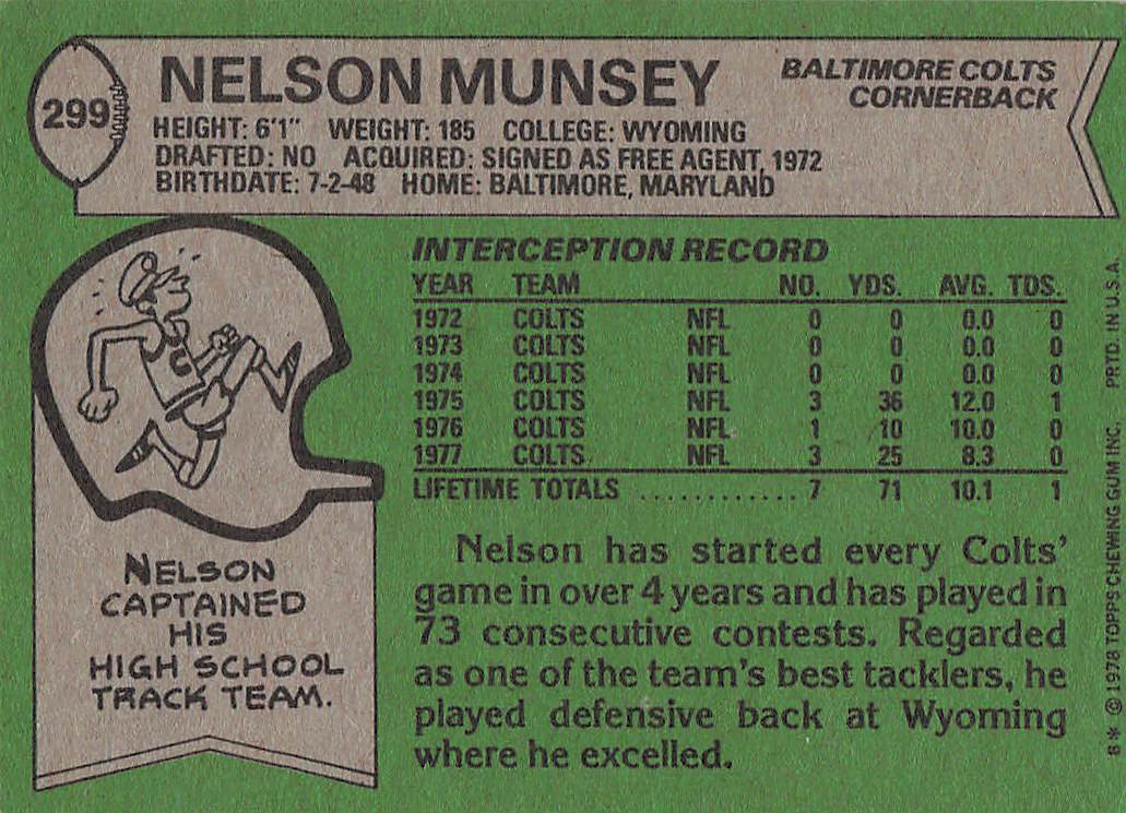 1978 Topps Football Nelson Munsey #299