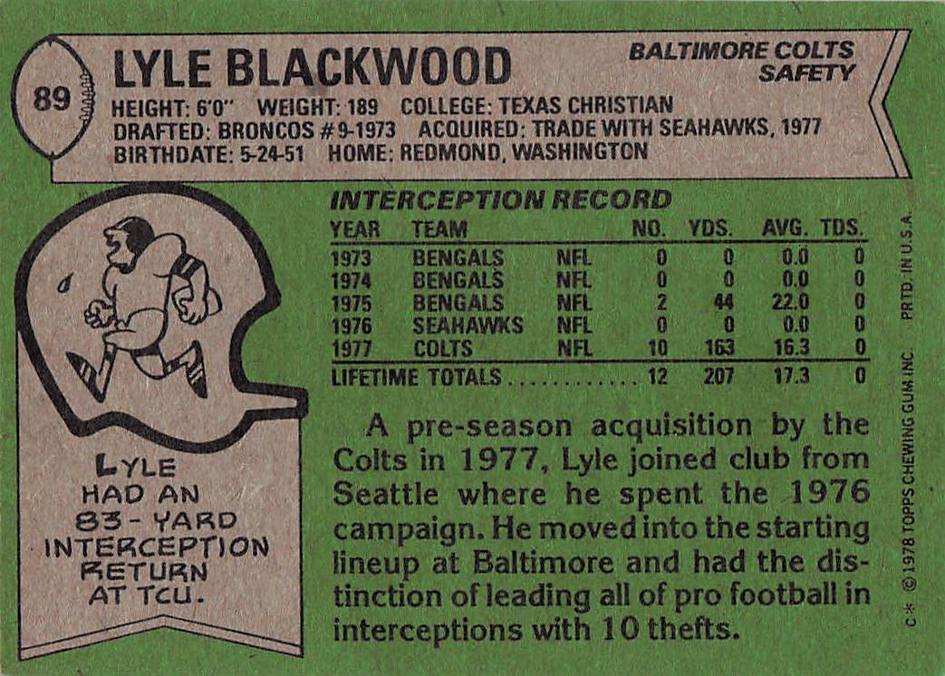 1978 Topps Football Lyle Blackwood #89
