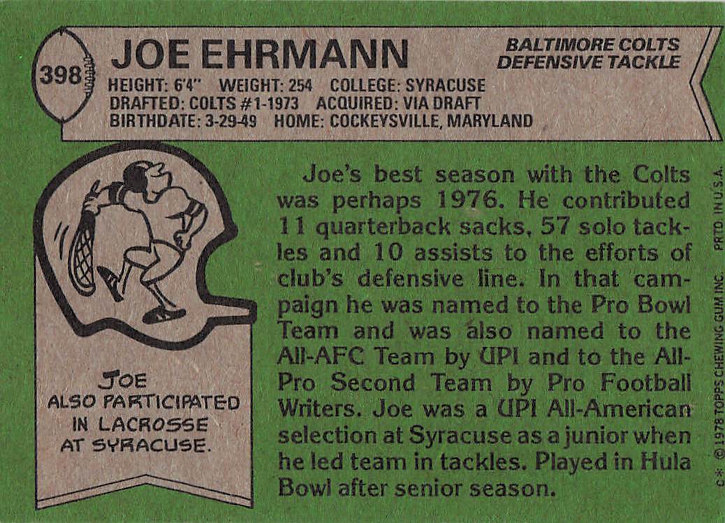 1978 Topps Football Joe Ehrmann #398