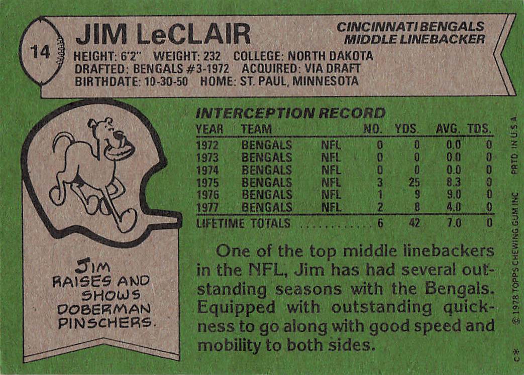 1978 Topps Football Jim LeClair #14