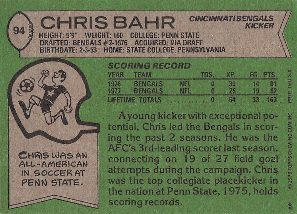 1978 Topps Football Chris Bahr #94