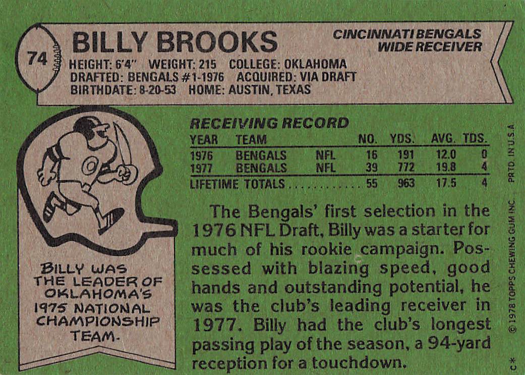 1978 Topps Football Billy Brooks #74 Rookie