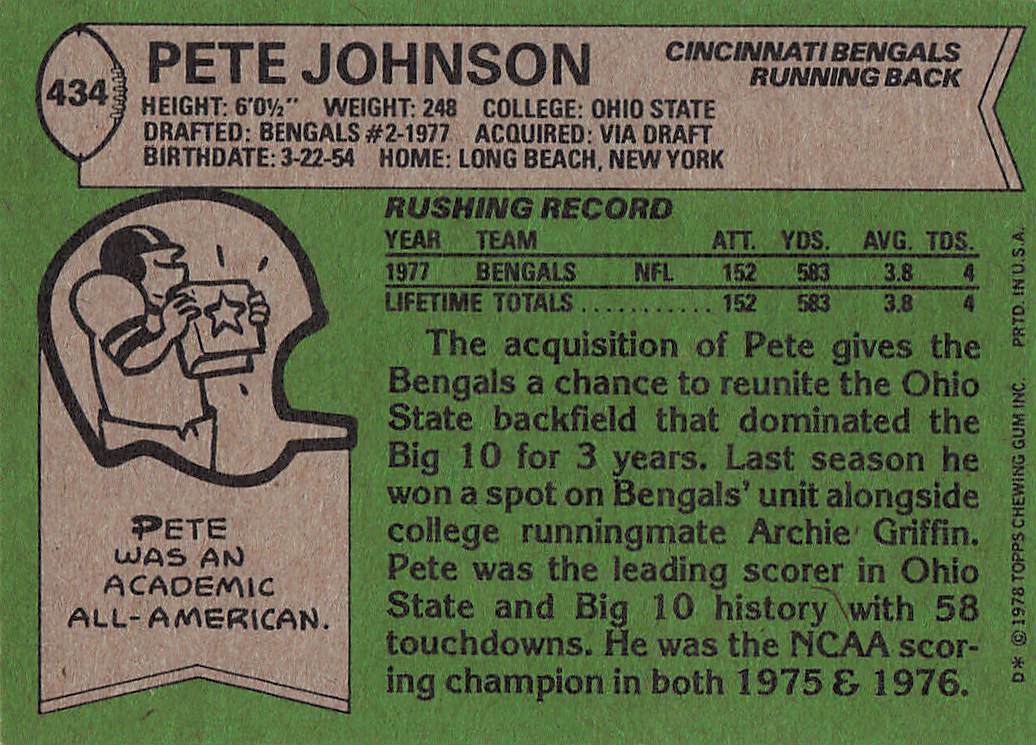 1978 Topps Football Pete Johnson #434 Rookie