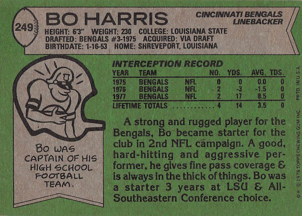 1978 Topps Football Bo Harris #249 Rookie
