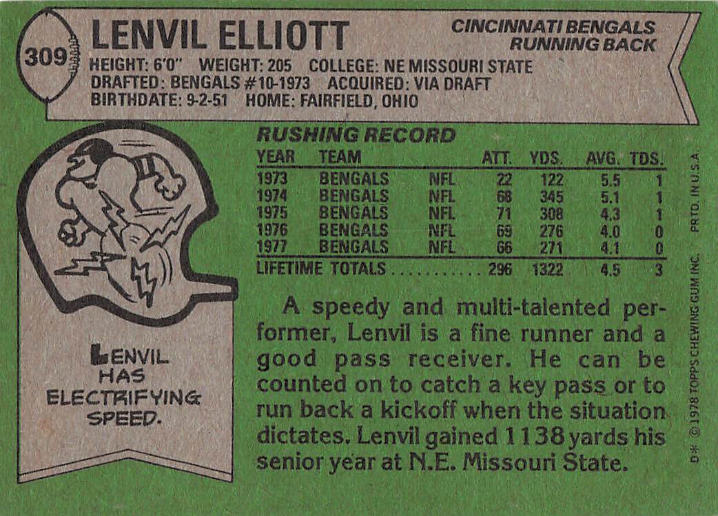 1978 Topps Football Lenvil Elliott #309