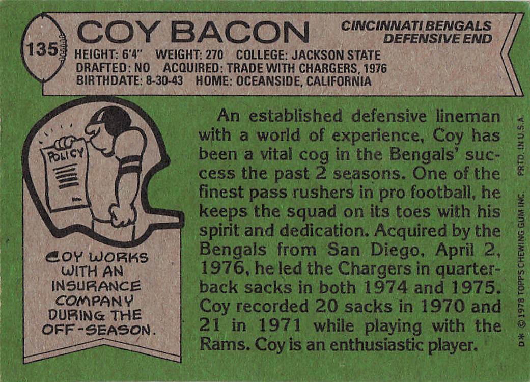 1978 Topps Football Coy Bacon #135