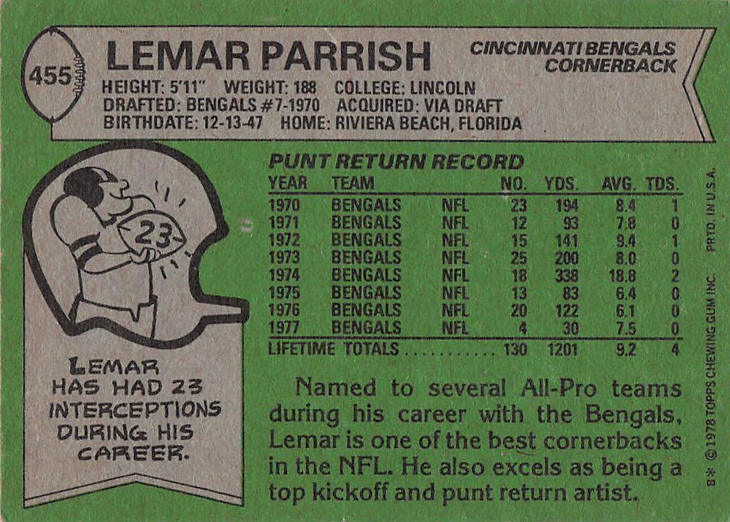 1978 Topps Football Lemar Parrish #455