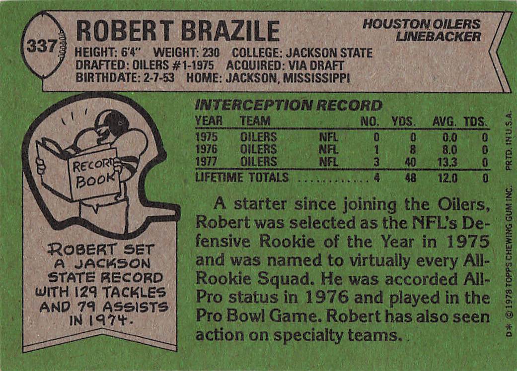 1978 Topps Football Robert Brazile #337