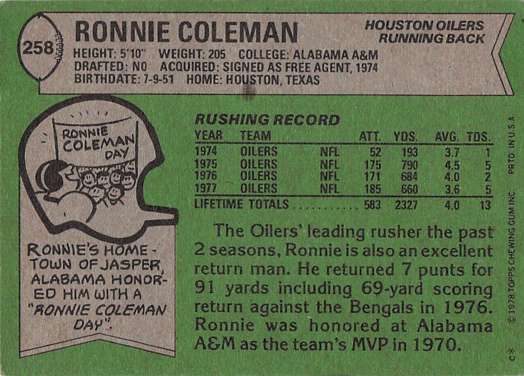 1978 Topps Football Ronnie Coleman #258