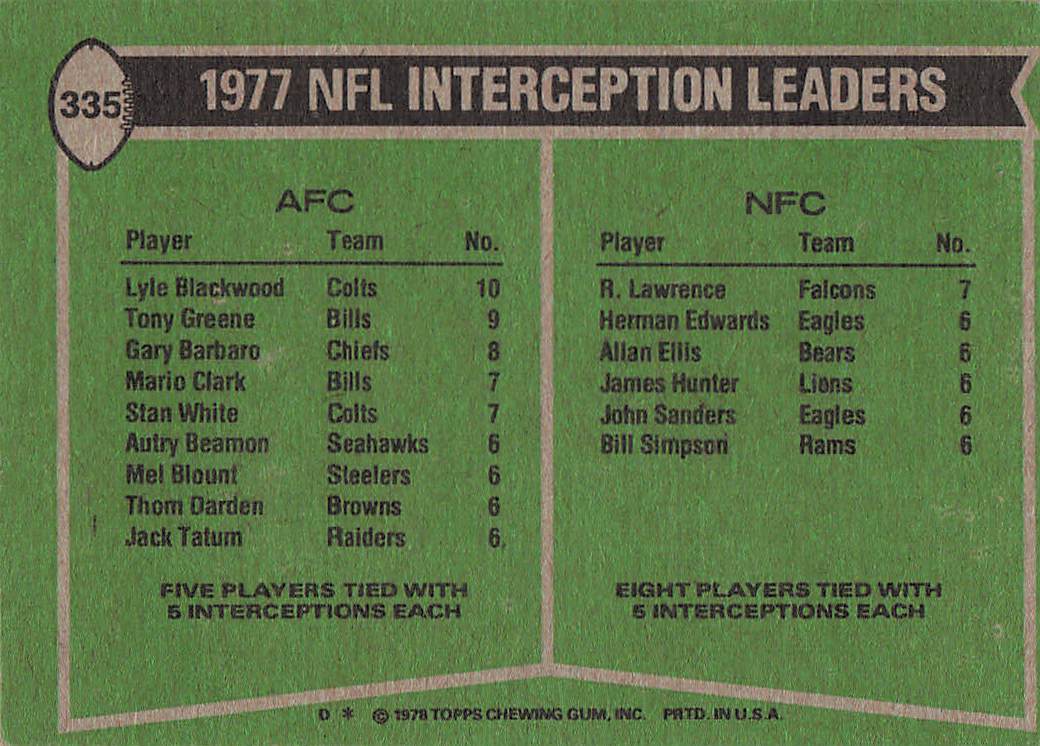 1978 Topps 1977 Interception Leaders Blackwood / Lawrence) #335