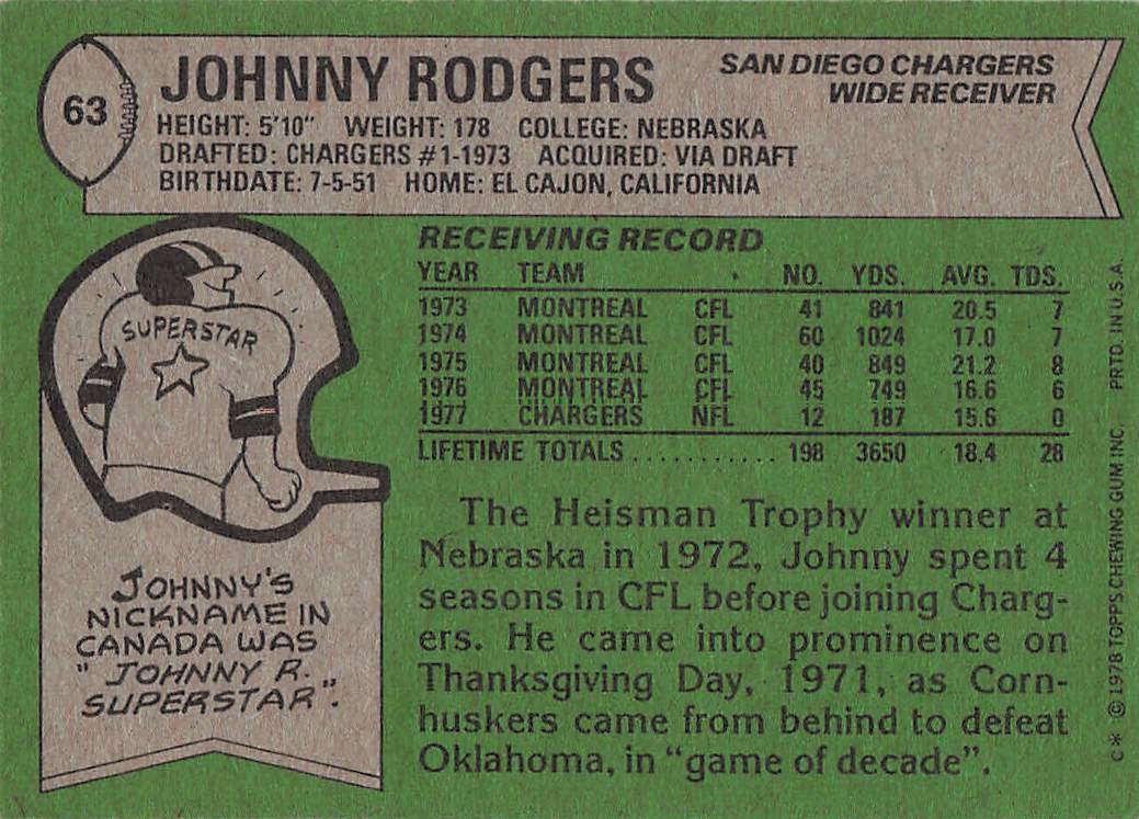 1978 Topps Football Johnny Rodgers #63 Rookie