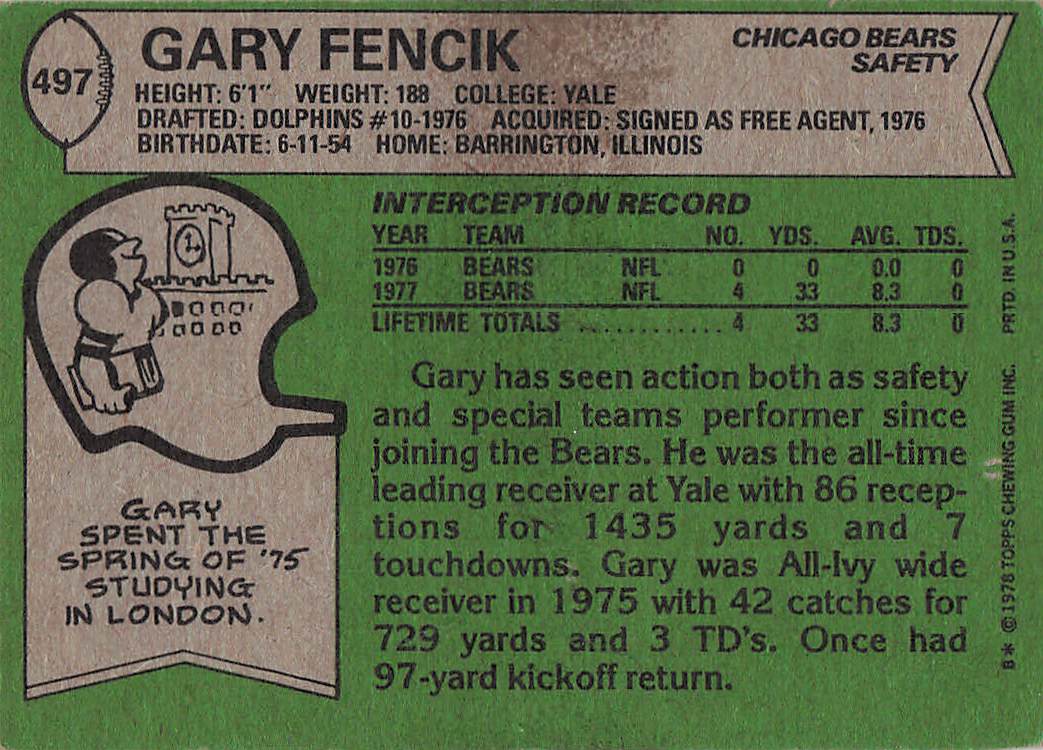 1978 Topps Football Gary Fencik #497 Rookie