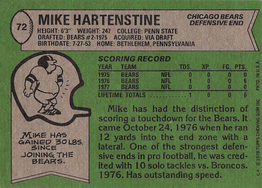 1978 Topps Football Mike Hartenstine #72