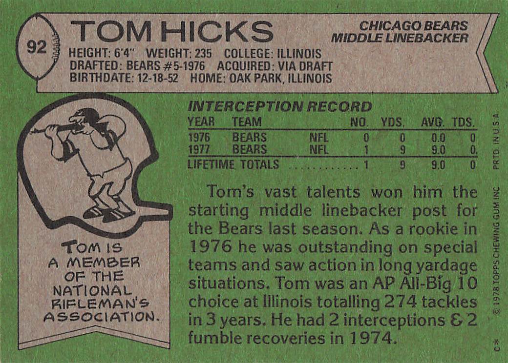 1978 Topps Football Tom Hicks #92 Rookie