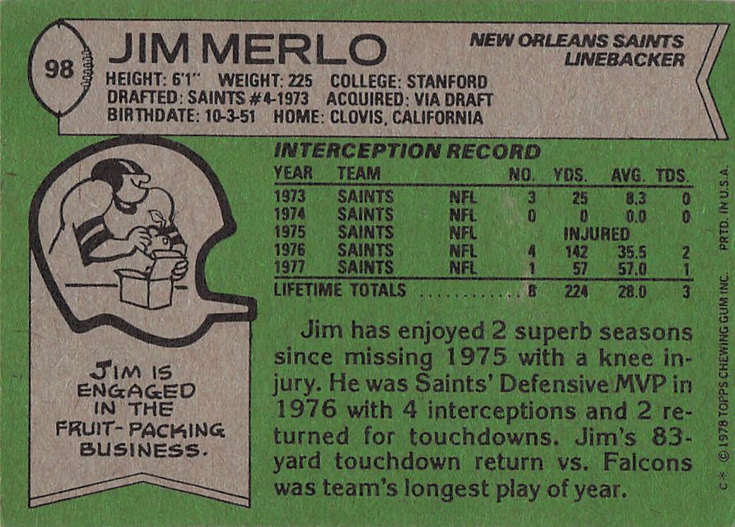 1978 Topps Football Jim Merlo #98